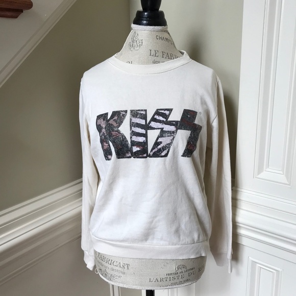 KISS Pull Over Sweatshirt Womens Medium Cream Animal Print Crew Neck Long Sleeve - Picture 2 of 11